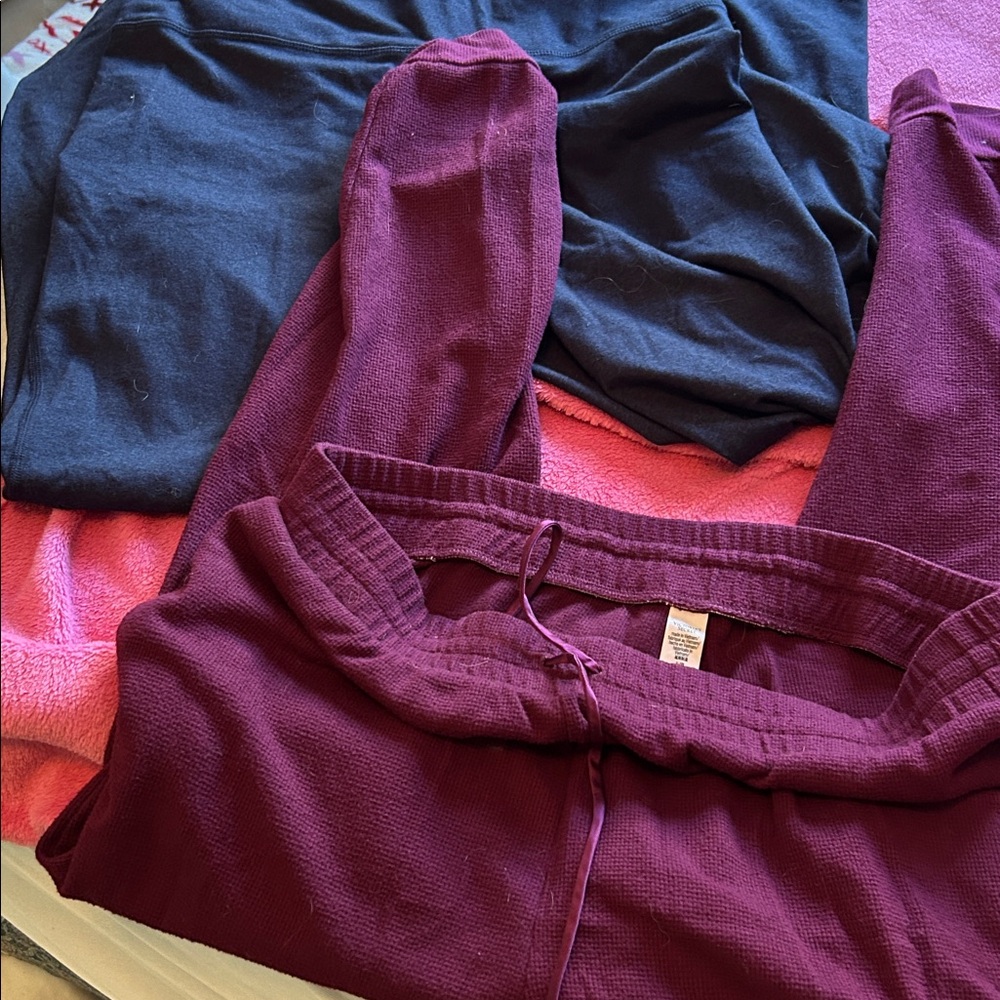 Victoria's Secret Plum waffle joggers and old navy blue bootcut leggings.